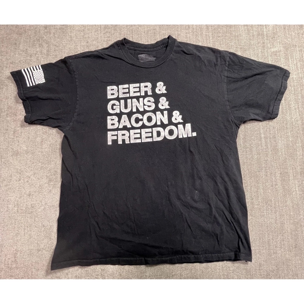 Beer Guns Bacon & Freedom T-Shirt Mens XL Black US Flag Graphic Cotton Casual